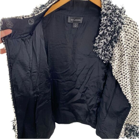 St. John Women’s 10 Fringe Trim‎ Boucle Tweed Blazer Overcoat Cream Black Artsy - Picture 3 of 11